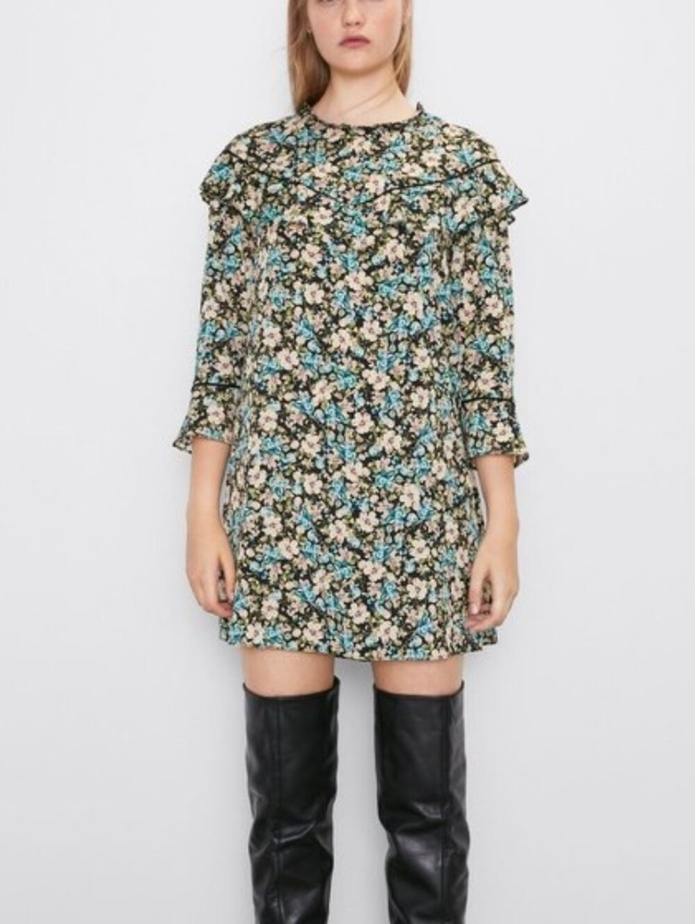 ZARA Floral Ruffle Yoke Mini Dress in Black & Blue Size M